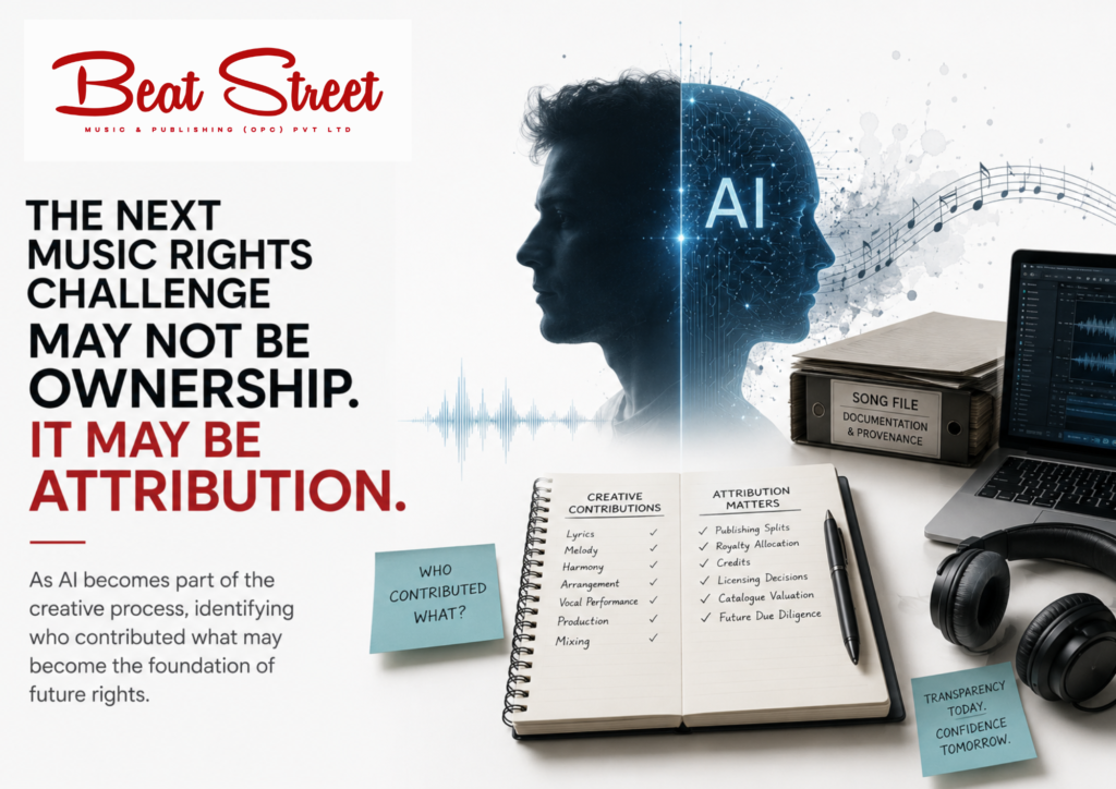 AI-assisted music creation workflow illustrating attribution, creative contributions and future music rights infrastructure.