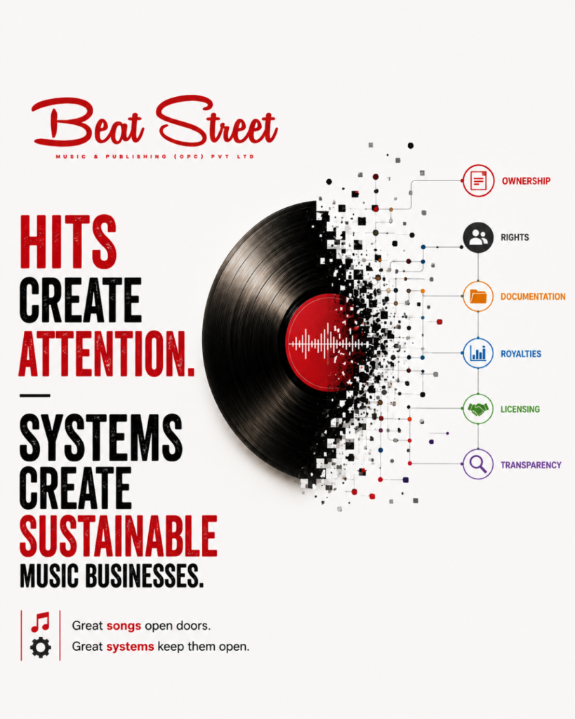 Conceptual illustration of a sustainable music business built on operational systems, rights management, metadata, licensing and infrastructure supporting long-term catalogue growth.