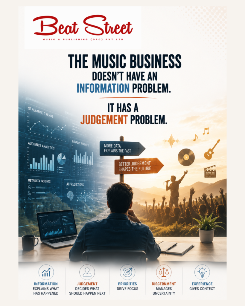 Conceptual illustration representing judgement in the music business, showing how data, analytics and artificial intelligence support commercial decision-making while human judgement remains essential.