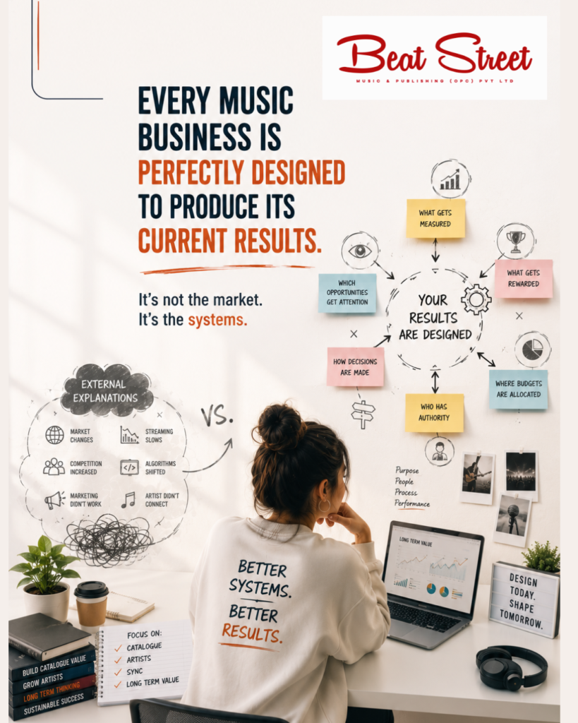 Conceptual illustration showing how organisational systems, leadership, incentives and strategic decision-making influence the long-term performance of a music business.